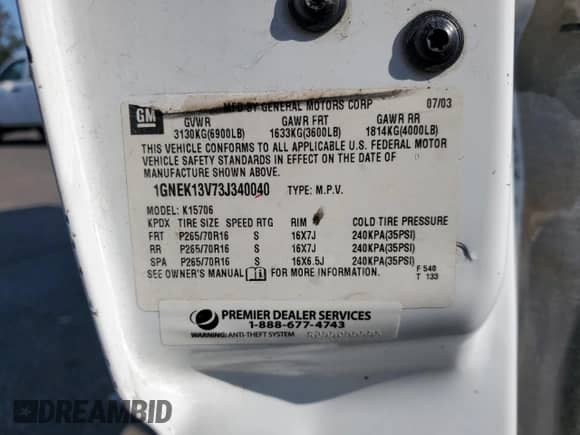 2003 Chevrolet Tahoe LS with VIN 1GNEK13V73J340040, listed as a Copart auction lot 62305535 with Not provided miles and Salvage title. Bid and sale history available at DreamBid. Image 13.