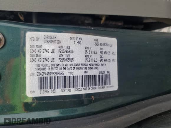 1997 Dodge Caravan SE z VIN 2B4GP44R4VR202585, wystawiony jako Copart lot #68703985 z przebiegiem 188 500 mil mil oraz Szkoda całkowita • Salvage title. Historia ofert i sprzedaży dostępna na DreamBid. Obrazek 13.