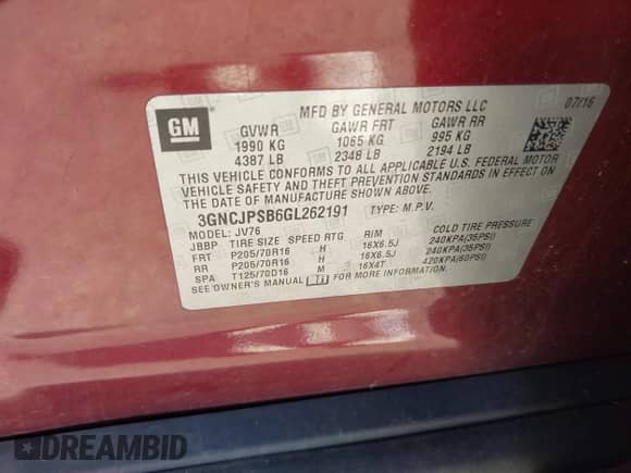 2016 Chevrolet Trax LT с VIN 3GNCJPSB6GL262191, выставлен на аукционе IAAI как лот 42948692 с пробегом 90 524 миль миль и . История ставок и продаж доступна на DreamBid. Изображение 9.