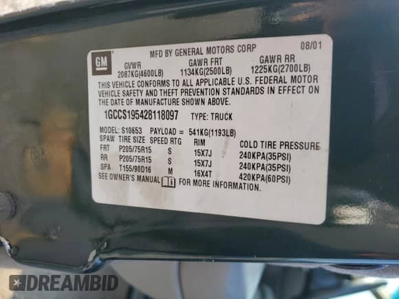 2002 Chevrolet S-10 LS z VIN 1GCCS195428118097, wystawiony jako Copart lot #69187355 z przebiegiem 104 416 mil mil oraz Szkoda całkowita • Salvage title. Historia ofert i sprzedaży dostępna na DreamBid. Obrazek 12.