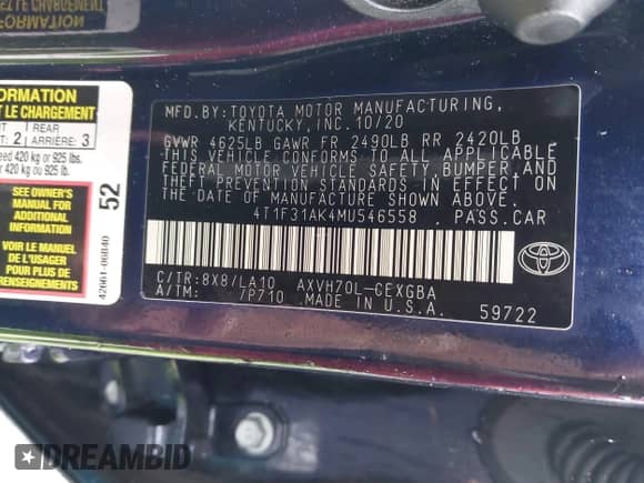 2021 Toyota Camry Hybrid XLE with VIN 4T1F31AK4MU546558, listed as a IAAI auction lot 42235763 with 62,299 mi miles and . Bid and sale history available at DreamBid. Image 9.
