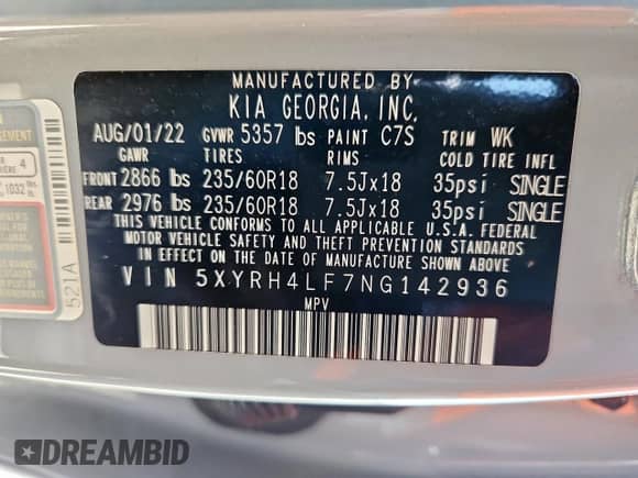 2022 Kia Sorento EX with VIN 5XYRH4LF7NG142936, listed as a Copart auction lot 71505945 with 78,614 mi miles and Clean title. Bid and sale history available at DreamBid. Image 13.