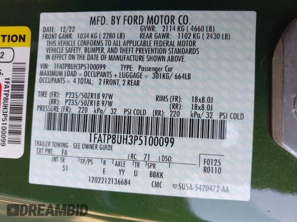 2023 Ford Mustang EcoBoost with VIN 1FATP8UH3P5100099, listed as a IAAI auction lot 42391702 with 11,613 mi miles and . Bid and sale history available at DreamBid. Image 9.