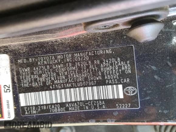 2020 Toyota Camry SE с VIN 4T1G11AK1LU507967, выставлен на аукционе Copart как лот 70013565 с пробегом 70 733 миль миль и Списание • Salvage title. История ставок и продаж доступна на DreamBid. Изображение 12.