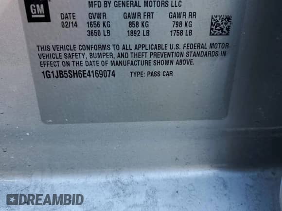 2014 Chevrolet Sonic LS z VIN 1G1JB5SH6E4169074, wystawiony jako Copart lot #41774125 z przebiegiem Nie podano mil oraz Czysty tytuł • Clean title. Historia ofert i sprzedaży dostępna na DreamBid. Obrazek 12.