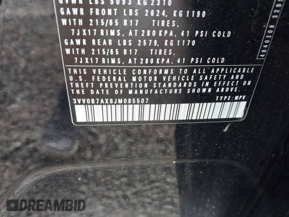 2018 Volkswagen Tiguan S с VIN 3VV0B7AX8JM085507, выставлен на аукционе IAAI как лот 43052864 с пробегом 94 557 миль миль и . История ставок и продаж доступна на DreamBid. Изображение 9.