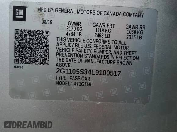 2020 Chevrolet Impala Premier with VIN 2G1105S34L9100517, listed as a Copart auction lot 70155565 with 104,623 mi miles and Salvage title. Bid and sale history available at DreamBid. Image 12.