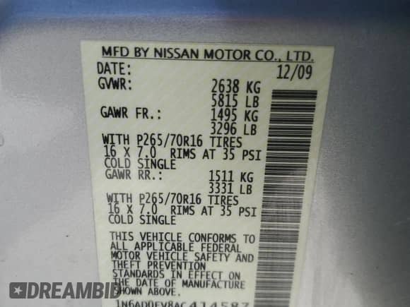 2010 Nissan Frontier Pro-4X with VIN 1N6AD0EV8AC414587, listed as a Copart auction lot 87806035 with 81,378 mi miles and Salvage title. Bid and sale history available at DreamBid. Image 12.