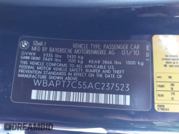 2010 BMW 5 Series 535i xDrive с VIN WBAPT7C55AC237523, выставлен на аукционе IAAI как лот 43397009 с пробегом 178 942 миль миль и . История ставок и продаж доступна на DreamBid. Изображение 9.