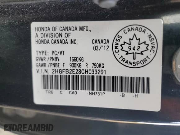 2012 Honda Civic with VIN 2HGFB2E28CH033291, listed as a Copart auction lot 81520085 with 162,842 mi miles and Clean title. Bid and sale history available at DreamBid. Image 12.