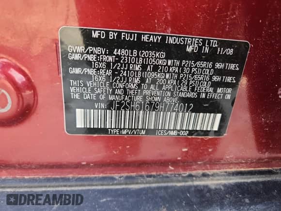 2009 Subaru Forester X with VIN JF2SH61679H774012, listed as a Copart auction lot 82427905 with 216,403 mi miles and Salvage title. Bid and sale history available at DreamBid. Image 14.