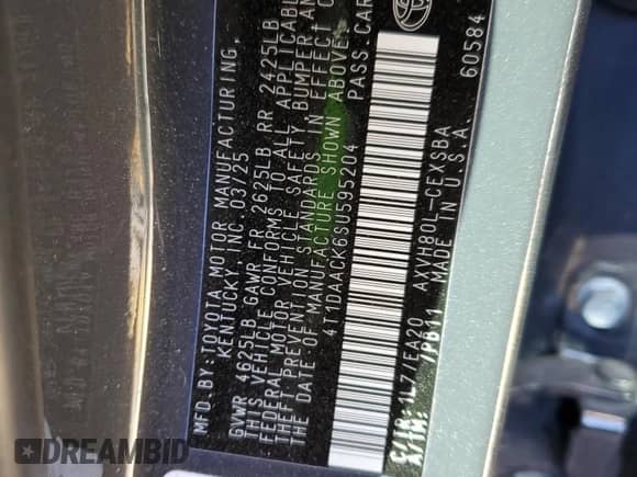 2025 Toyota Camry SE with VIN 4T1DAACK6SU595204, listed as a Copart auction lot 86877705 with Not provided miles and Clean title. Bid and sale history available at DreamBid. Image 12.