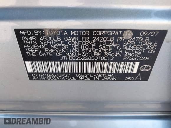 2008 Lexus IS 350 с VIN JTHBE262285018012, выставлен на аукционе IAAI как лот 42883927 с пробегом 224 207 миль миль и . История ставок и продаж доступна на DreamBid. Изображение 9.