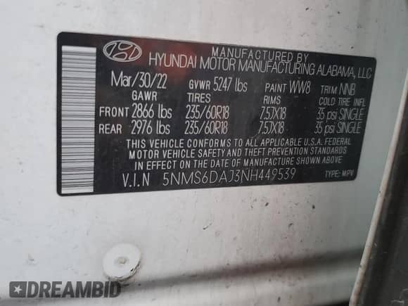 2022 Hyundai Santa Fe XRT with VIN 5NMS6DAJ3NH449539, listed as a Copart auction lot 53693495 with 102,790 mi miles and Salvage title. Bid and sale history available at DreamBid. Image 12.