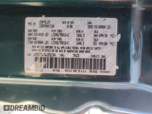 1998 Dodge 2500 с VIN 1B7KC2367WJ252164, выставлен на аукционе Copart как лот 61087185 с пробегом 257 853 миль миль и Списание • Salvage title. История ставок и продаж доступна на DreamBid. Изображение 12.