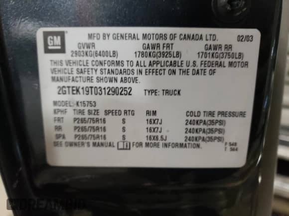 2003 GMC Sierra 1500 SLE with VIN 2GTEK19T031290252, listed as a Copart auction lot 45431255 with Not provided miles and Non repairable. Bid and sale history available at DreamBid. Image 12.