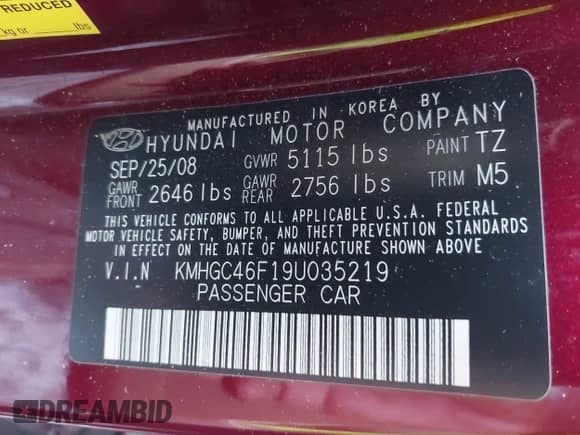 2009 Hyundai Genesis with VIN KMHGC46F19U035219, listed as a IAAI auction lot 42664073 with Not provided miles and . Bid and sale history available at DreamBid. Image 9.