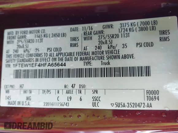 2017 Ford F-150 XL with VIN 1FTEW1EF4HFA65644, listed as a IAAI auction lot 43292295 with 112,170 mi miles and . Bid and sale history available at DreamBid. Image 9.