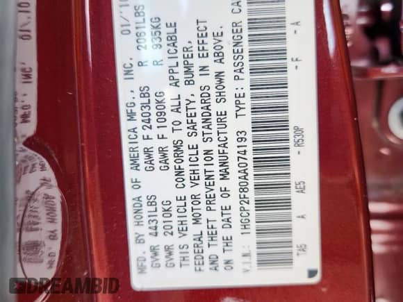 2010 Honda Accord EX-L с VIN 1HGCP2F80AA074193, выставлен на аукционе Copart как лот 69034885 с пробегом 196 369 миль миль и Списание • Salvage title. История ставок и продаж доступна на DreamBid. Изображение 12.