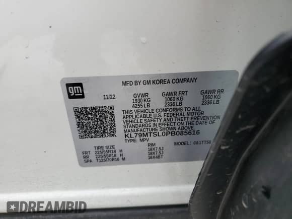 2023 Chevrolet TrailBlazer RS с VIN KL79MTSL0PB085616, выставлен на аукционе Copart как лот 82135555 с пробегом 33 070 миль миль и Списание • Salvage title. История ставок и продаж доступна на DreamBid. Изображение 13.
