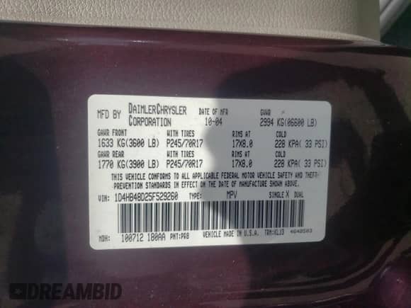 2005 Dodge Durango SLT with VIN 1D4HB48D25F529260, listed as a Copart auction lot 65370965 with 209,009 mi miles and Salvage title. Bid and sale history available at DreamBid. Image 12.