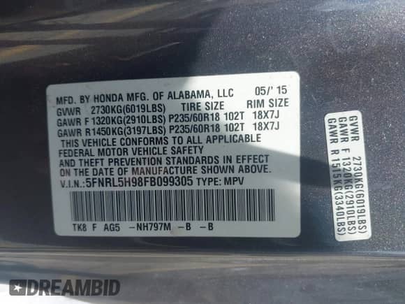 2015 Honda Odyssey Touring Elite с VIN 5FNRL5H98FB099305, выставлен на аукционе IAAI как лот 42880329 с пробегом 203 189 миль миль и . История ставок и продаж доступна на DreamBid. Изображение 9.