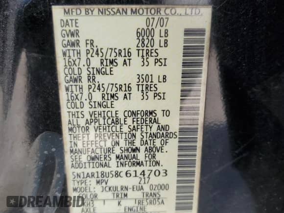 2008 Nissan Pathfinder SE с VIN 5N1AR18U58C614703, выставлен на аукционе Copart как лот 53090805 с пробегом Не указан миль и На запчасти • Non repairable. История ставок и продаж доступна на DreamBid. Изображение 14.