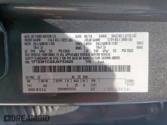 2018 Ford F-150 XL с VIN 1FTEW1CG9JKF53626, выставлен на аукционе Copart как лот 81393795 с пробегом 164 106 миль миль и Чистый • Clean title. История ставок и продаж доступна на DreamBid. Изображение 12.