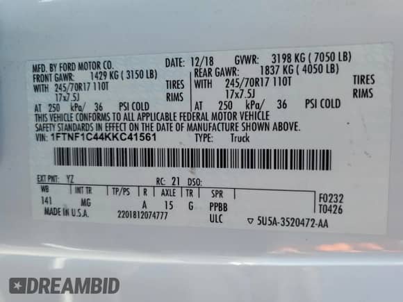 2019 Ford F-150 XL with VIN 1FTNF1C44KKC41561, listed as a Copart auction lot 64255205 with Not provided miles and Salvage title. Bid and sale history available at DreamBid. Image 12.