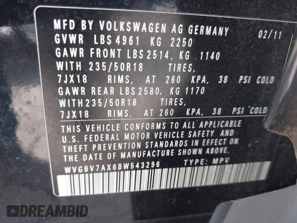 2011 Volkswagen Tiguan S с VIN WVGBV7AX6BW543296, выставлен на аукционе IAAI как лот 43320721 с пробегом 70 224 миль миль и . История ставок и продаж доступна на DreamBid. Изображение 9.