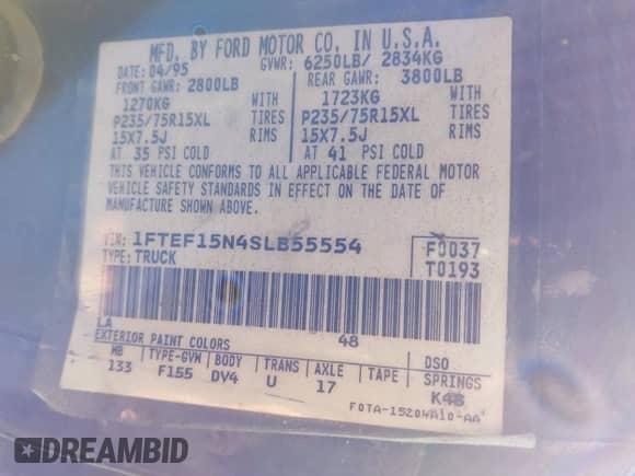 1995 Ford F-150 с VIN 1FTEF15N4SLB55554, выставлен на аукционе IAAI как лот 43515863 с пробегом 155 201 миль миль и . История ставок и продаж доступна на DreamBid. Изображение 9.