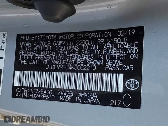 2019 Toyota Prius LE с VIN JTDL9RFU4K3002210, выставлен на аукционе IAAI как лот 42386589 с пробегом 126 389 миль миль и . История ставок и продаж доступна на DreamBid. Изображение 9.