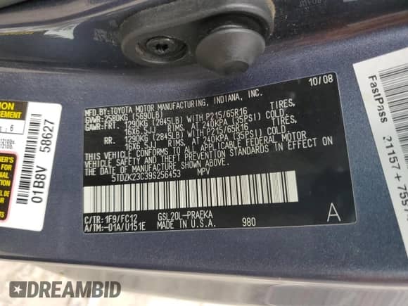 2009 Toyota Sienna CE с VIN 5TDZK23C39S256453, выставлен на аукционе Copart как лот 82657915 с пробегом 235 534 миль миль и Чистый • Clean title. История ставок и продаж доступна на DreamBid. Изображение 14.