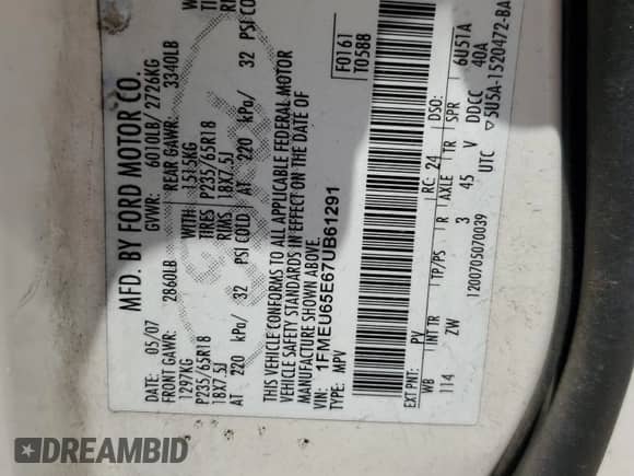 2007 Ford Explorer Limited z VIN 1FMEU65E67UB61291, wystawiony jako Copart lot #56371175 z przebiegiem 204 179 mil mil oraz Szkoda całkowita • Salvage title. Historia ofert i sprzedaży dostępna na DreamBid. Obrazek 13.