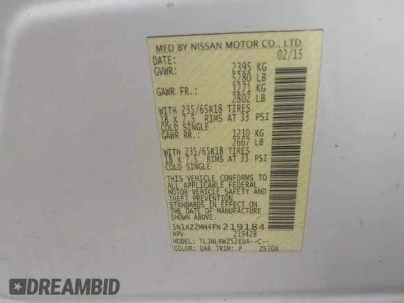 2015 Nissan Murano S with VIN 5N1AZ2MH4FN219184, listed as a IAAI auction lot 42937256 with 131,032 mi miles and . Bid and sale history available at DreamBid. Image 9.