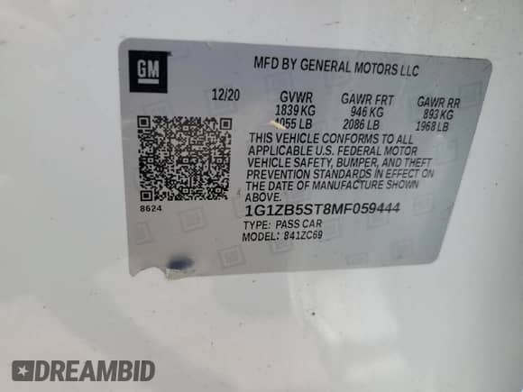 2021 Chevrolet Malibu LS with VIN 1G1ZB5ST8MF059444, listed as a Copart auction lot 65890875 with 98,178 mi miles and Salvage title. Bid and sale history available at DreamBid. Image 12.