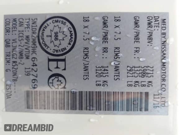 2017 Nissan Pathfinder SV with VIN 5N1DR2MM9HC642769, listed as a IAAI auction lot 42475621 with 110,180 mi miles and . Bid and sale history available at DreamBid. Image 9.