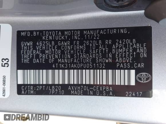 2023 Toyota Camry Hybrid XSE with VIN 4T1K31AK0PU051132, listed as a IAAI auction lot 42945793 with 48,781 mi miles and . Bid and sale history available at DreamBid. Image 9.