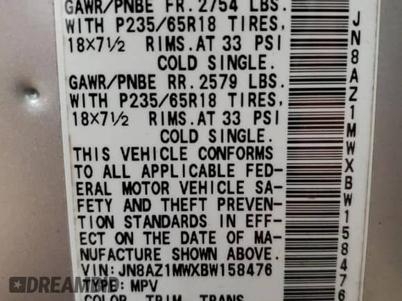 2011 Nissan Murano LE with VIN JN8AZ1MWXBW158476, listed as a Copart auction lot 62725995 with 112,999 mi miles and Clean title. Bid and sale history available at DreamBid. Image 13.