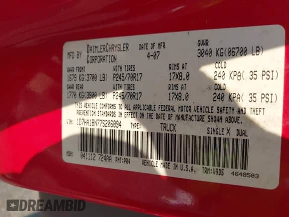 2007 Dodge 1500 SLT with VIN 1D7HA18N77S206894, listed as a IAAI auction lot 42910617 with 250,691 mi miles and . Bid and sale history available at DreamBid. Image 9.