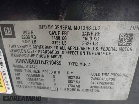 2017 Chevrolet Traverse LT с VIN 1GNKVGKD7HJ219439, выставлен на аукционе IAAI как лот 42492692 с пробегом 119 673 миль миль и . История ставок и продаж доступна на DreamBid. Изображение 9.