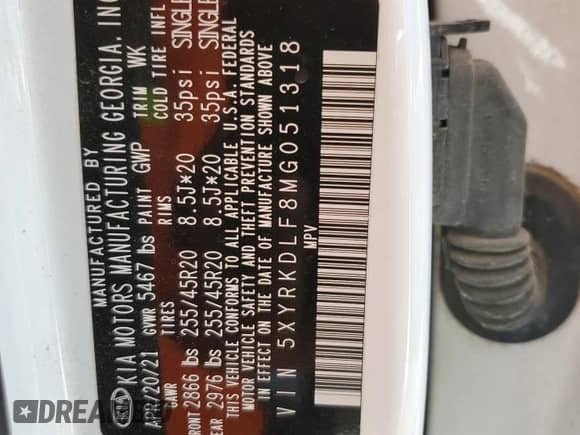 2021 Kia Sorento SX Prestige X-Line with VIN 5XYRKDLF8MG051318, listed as a Copart auction lot 62355445 with 66,577 mi miles and Salvage title. Bid and sale history available at DreamBid. Image 13.