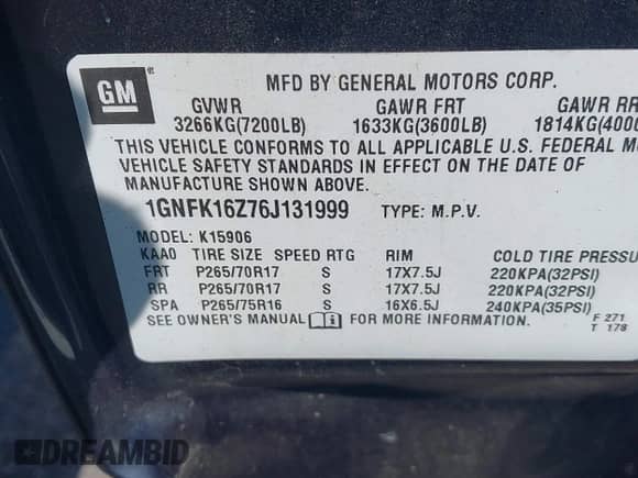 2006 Chevrolet Suburban LT z VIN 1GNFK16Z76J131999, wystawiony jako IAAI lot #41712586 z przebiegiem 217 273 mil mil oraz . Historia ofert i sprzedaży dostępna na DreamBid. Obrazek 9.