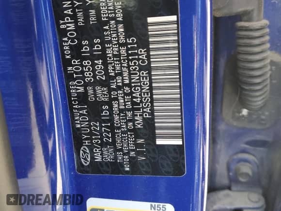 2022 Hyundai Elantra SE with VIN KMHLL4AG1NU351115, listed as a Copart auction lot 65672705 with 92,476 mi miles and Salvage title. Bid and sale history available at DreamBid. Image 13.