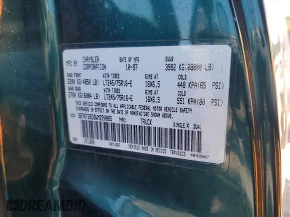 1998 Dodge RAM with VIN 3B7KF26D9WM220885, listed as a Copart auction lot 63468695 with 102,002 mi miles and Salvage title. Bid and sale history available at DreamBid. Image 12.