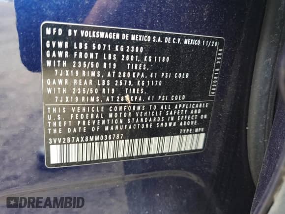 2021 Volkswagen Tiguan SE с VIN 3VV2B7AX8MM036787, выставлен на аукционе Copart как лот 69793415 с пробегом 68 825 миль миль и Списание • Salvage title. История ставок и продаж доступна на DreamBid. Изображение 13.