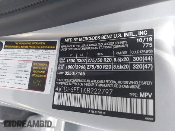 2019 Mercedes-Benz GLS 450 with VIN 4JGDF6EE1KB222797, listed as a IAAI auction lot 42772189 with 65,783 mi miles and . Bid and sale history available at DreamBid. Image 9.