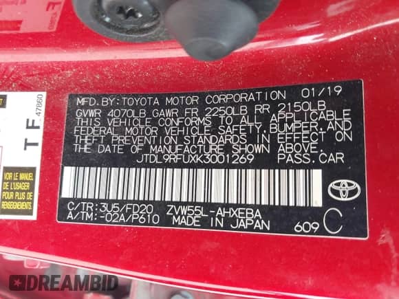 2019 Toyota Prius LE с VIN JTDL9RFUXK3001269, выставлен на аукционе IAAI как лот 41984564 с пробегом 86 572 миль миль и . История ставок и продаж доступна на DreamBid. Изображение 9.