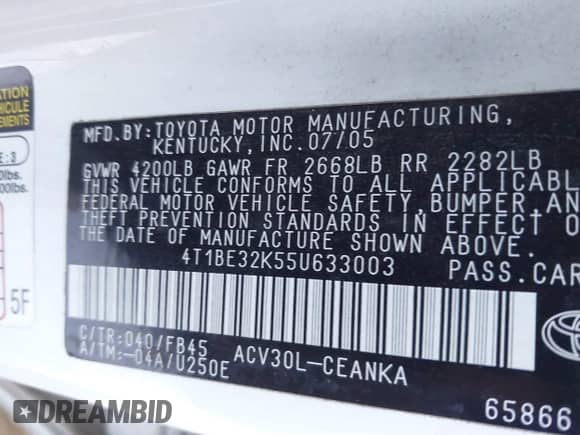 2005 Toyota Camry STD с VIN 4T1BE32K55U633003, выставлен на аукционе IAAI как лот 43465793 с пробегом 525 928 миль миль и . История ставок и продаж доступна на DreamBid. Изображение 9.