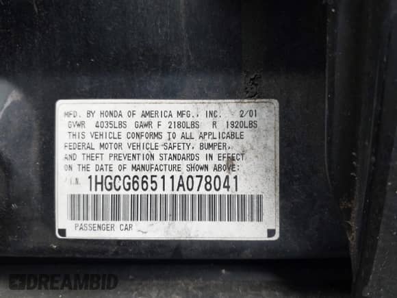 2001 Honda Accord LX with VIN 1HGCG66511A078041, listed as a IAAI auction lot 42898072 with 248,207 mi miles and . Bid and sale history available at DreamBid. Image 9.